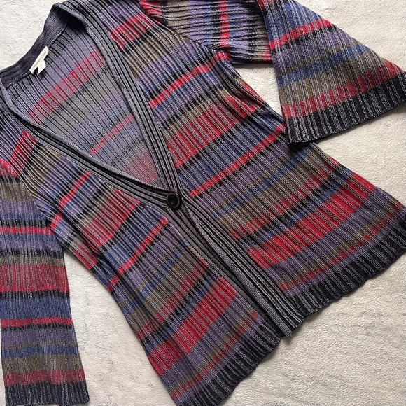 Vintage Coldwater Creek Deep V-Neck Single Button Stripe Cardigan Sweater - Picture 1 of 13